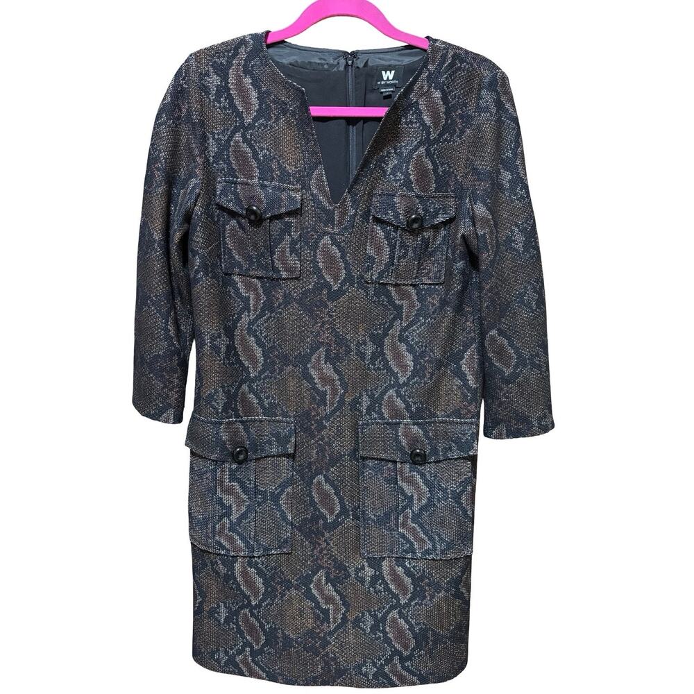W by Worth Deep Coco Brown Snakeskin Print V-Neck Shift Dress – Size 6
